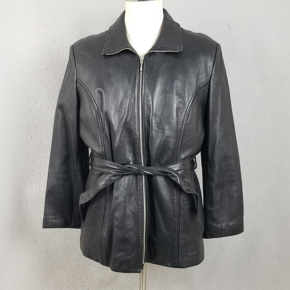 Pelle Studio Coat Womens XL‎ Black Leather Belted Zip Thinsulate Lined Overcoat